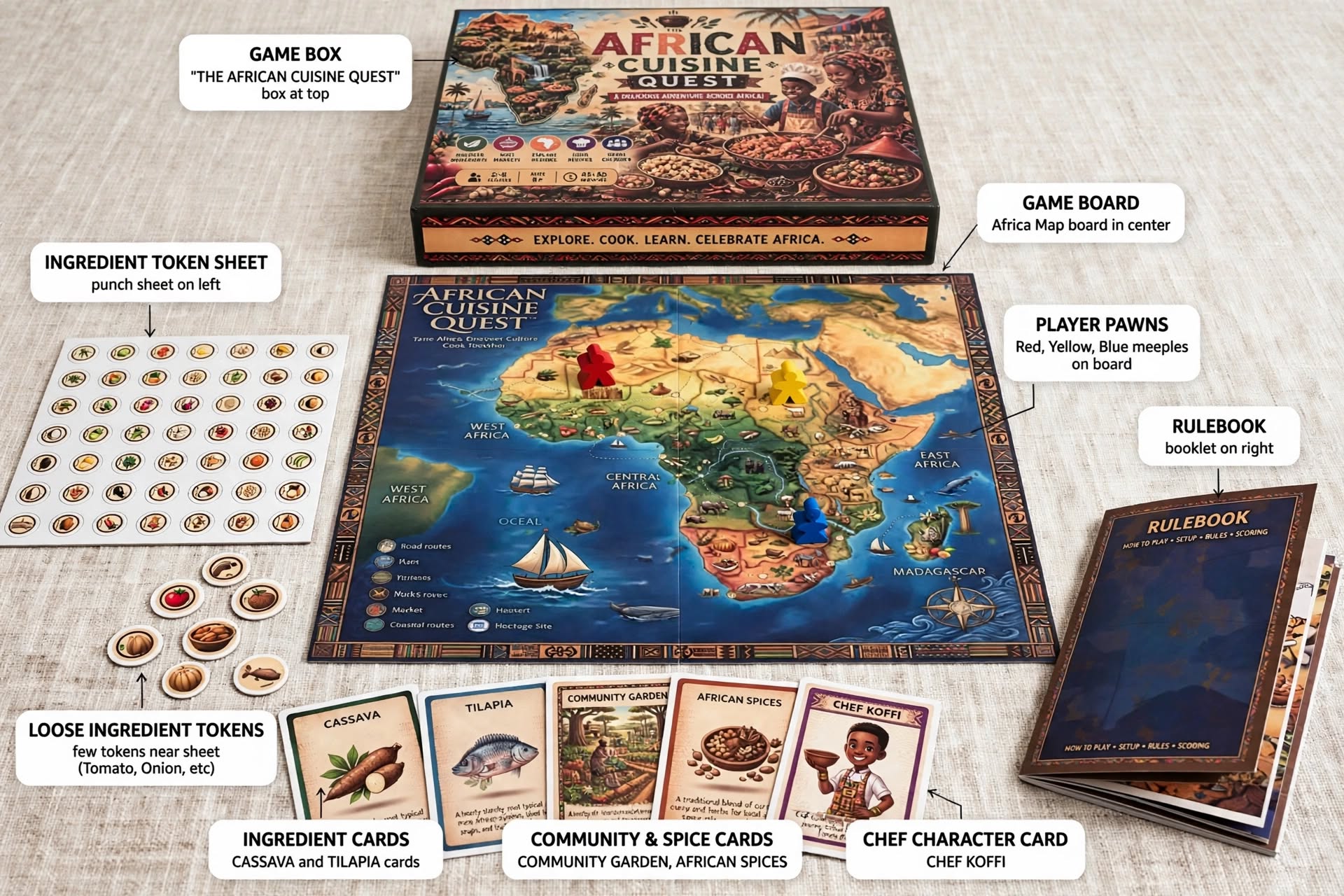 African Cuisine Quest game setup with labeled components