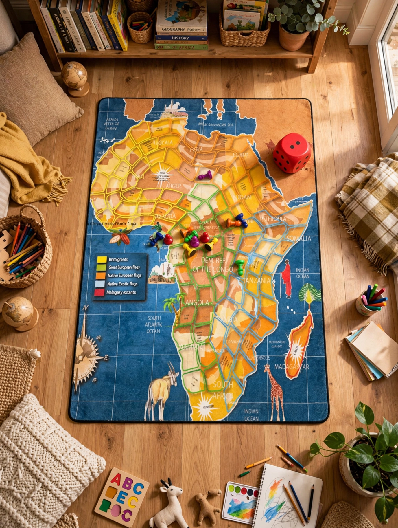 Overhead view of the Africa Memory Map in a homeschool room
