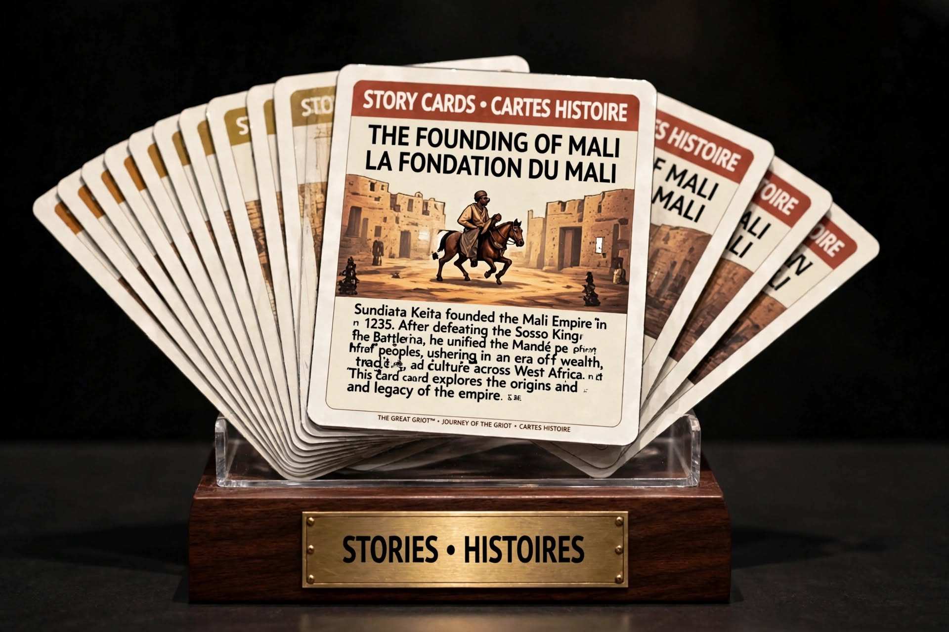 The Founding of Mali story card fanned on a display stand