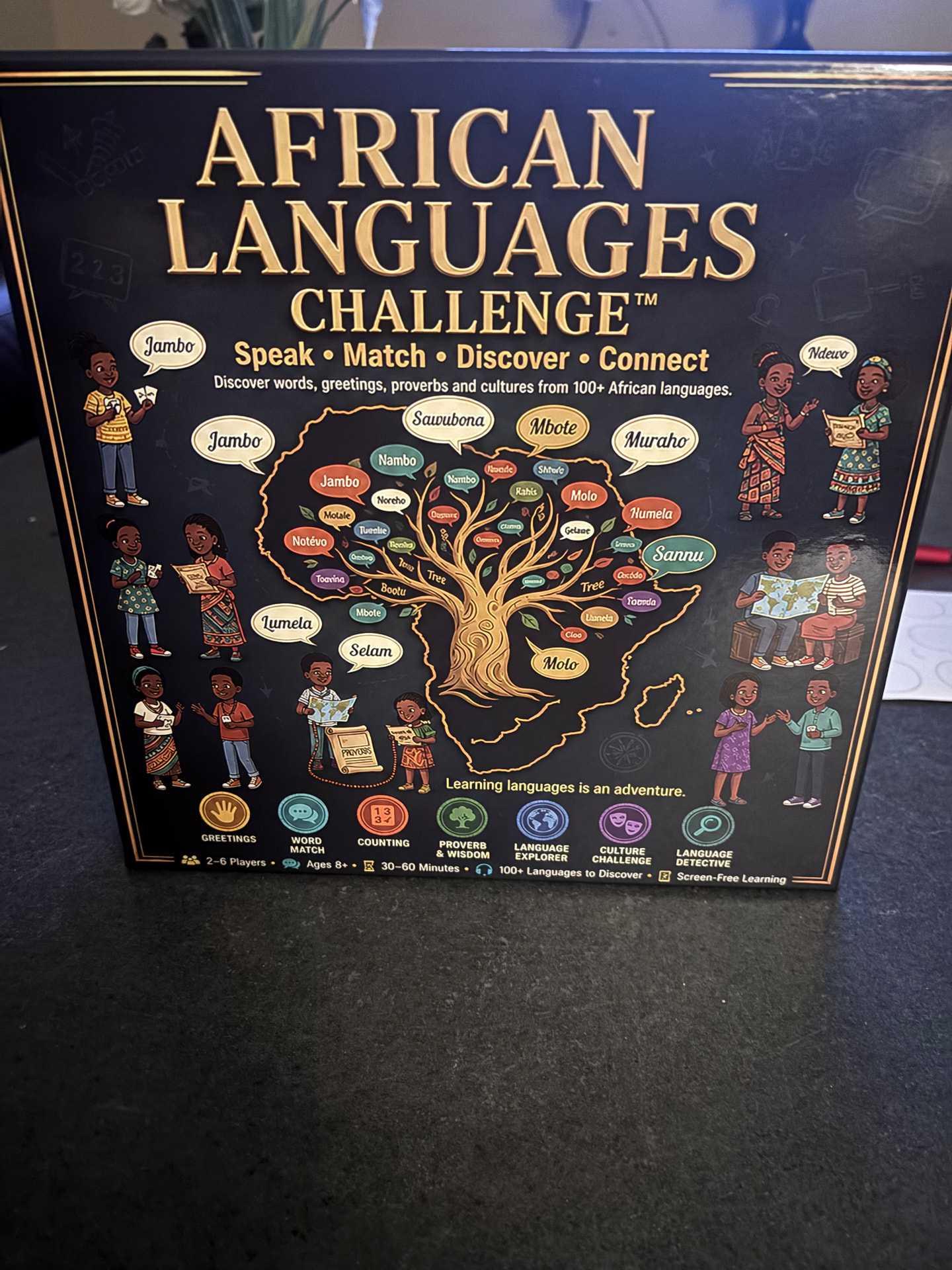 African Languages Challenge box front with illustrated Africa map, children, and multilingual language callouts