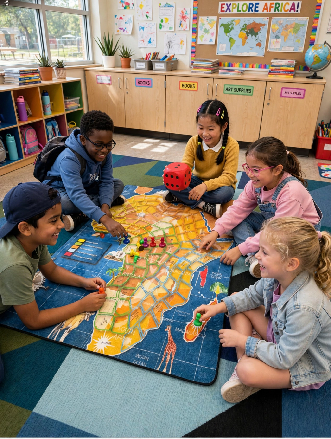 Students playing on the Africa Memory Map in a classroom
