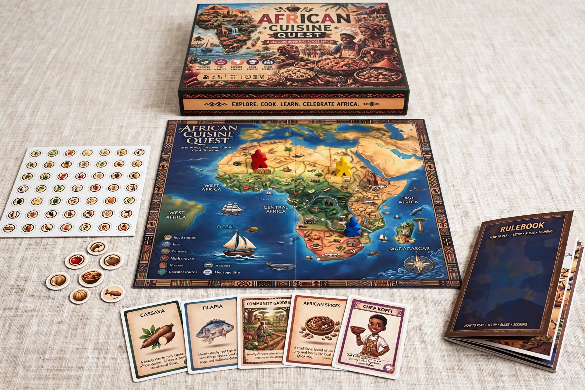 African Cuisine Quest box, board, ingredient tokens, cards, and rulebook laid out