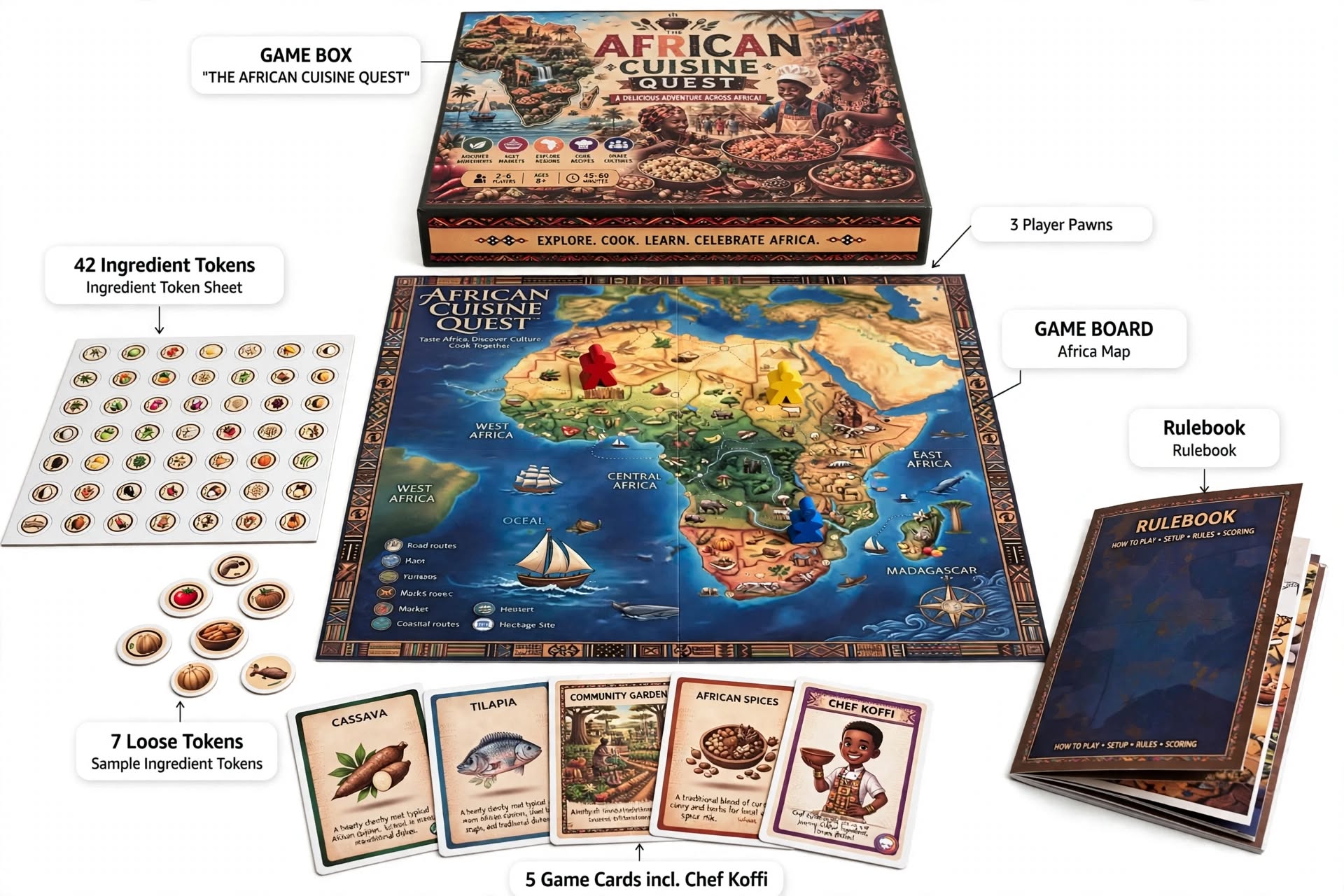 African Cuisine Quest flatlay showing box, board, tokens, cards, and rulebook