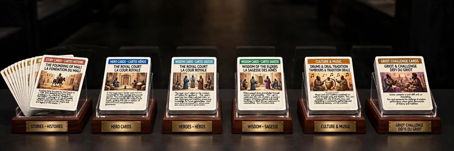 The five Great Griot card decks: Stories, Heroes, Wisdom, Culture & Music, and Griot Challenges