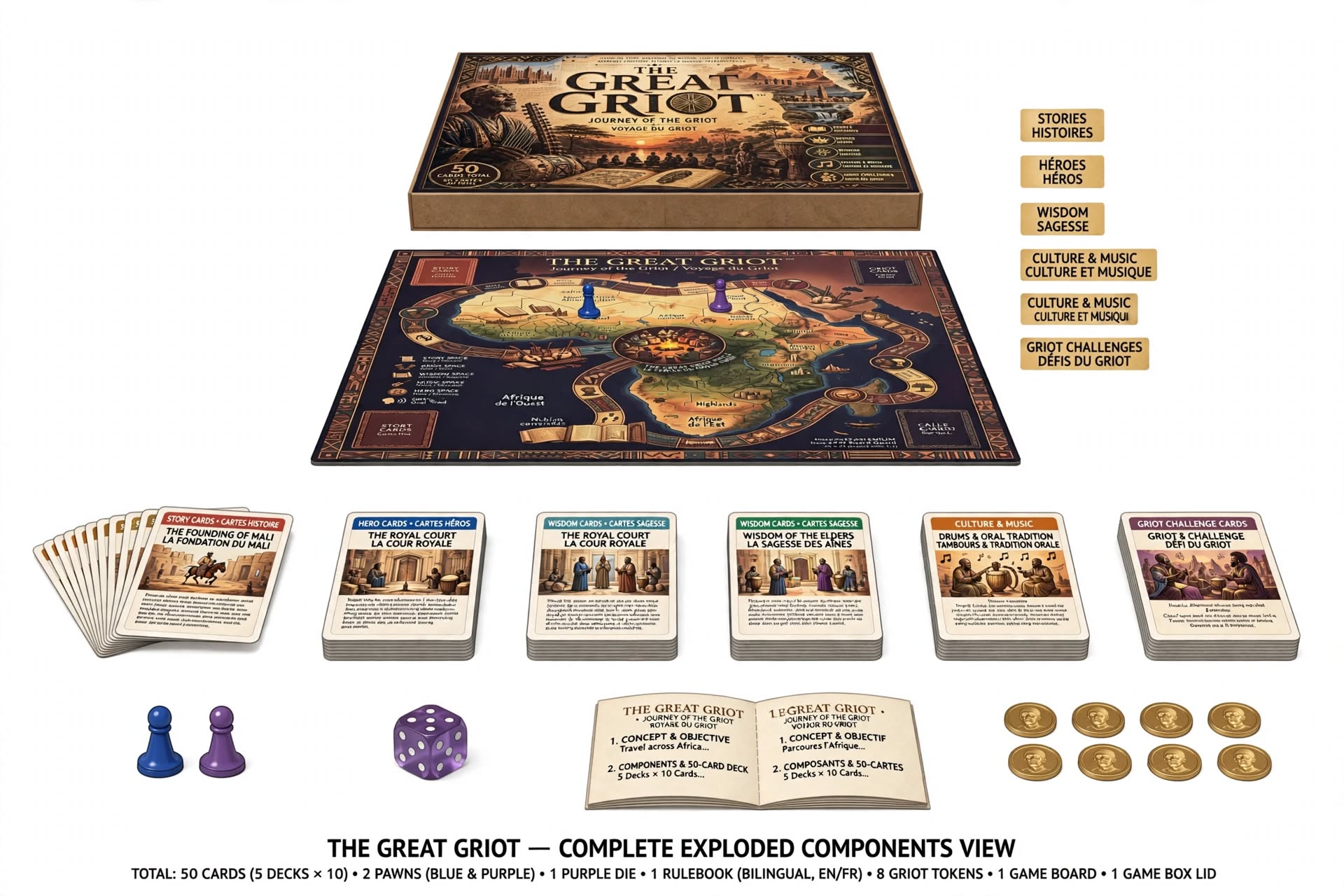 The Great Griot box, board, story cards, hero cards, wisdom cards, culture & music cards, and challenge cards laid out