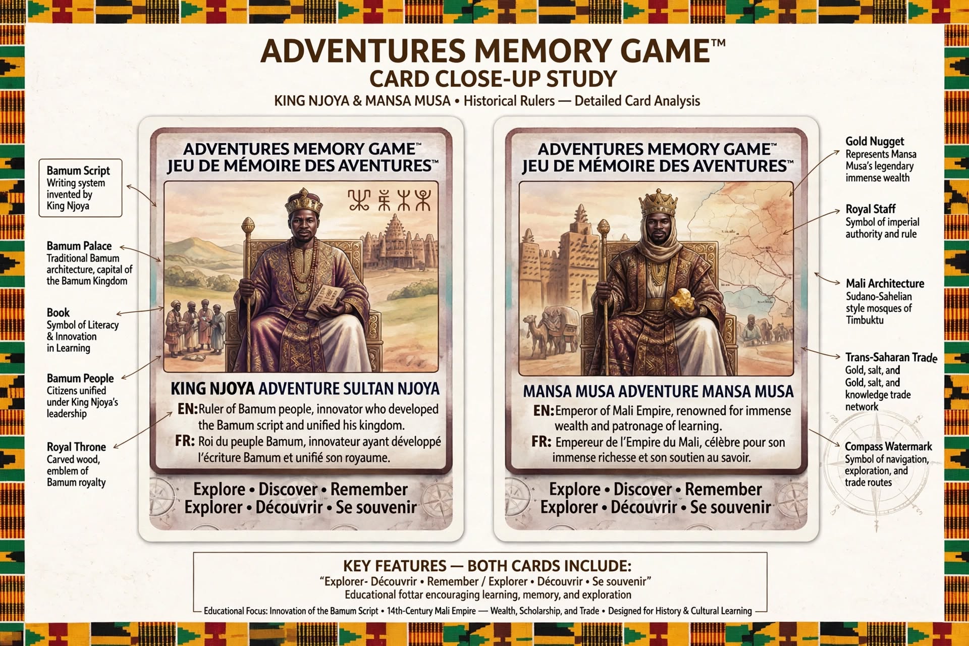 Close-up study of King Njoya and Mansa Musa bilingual cards with cultural callouts