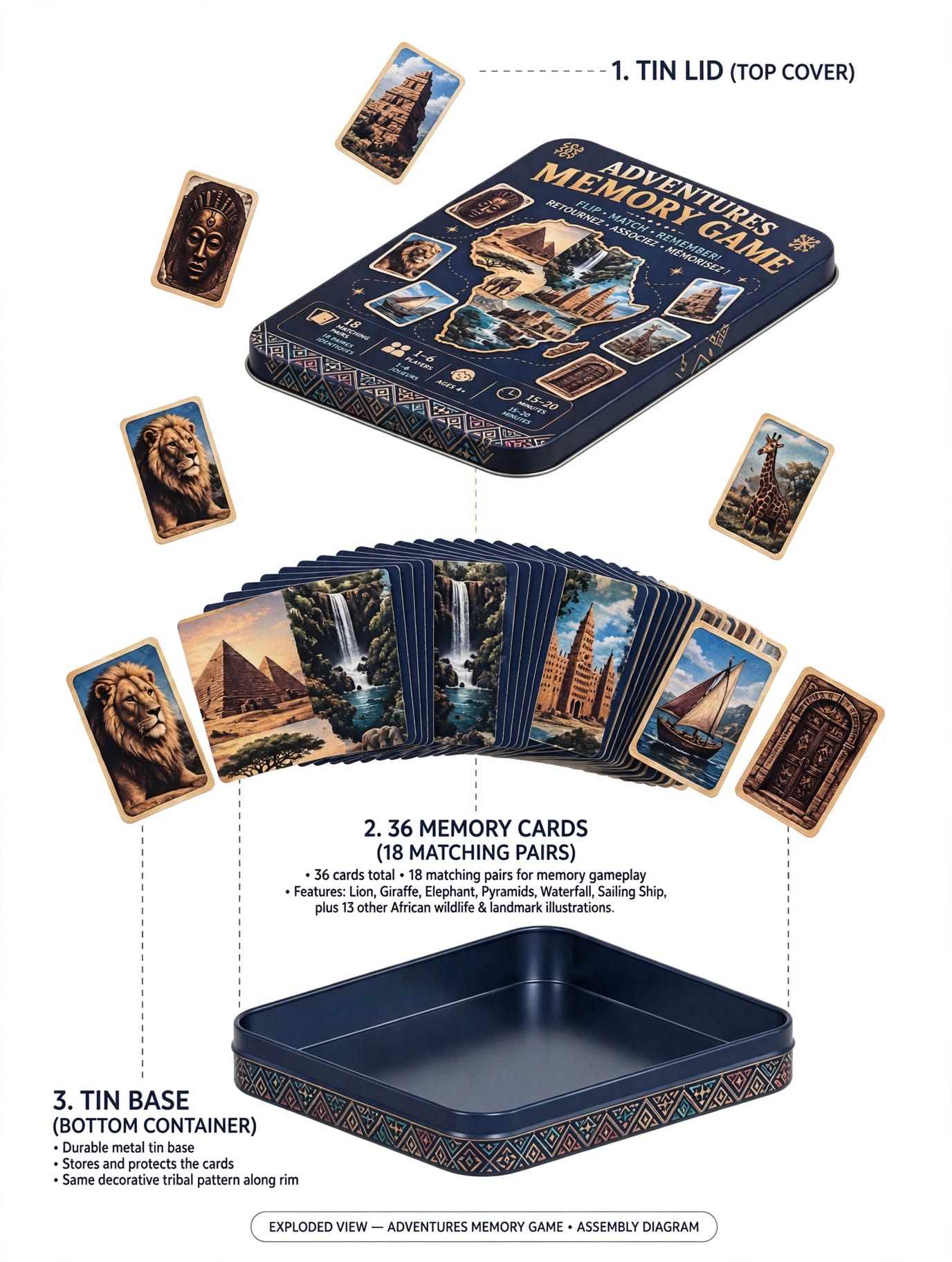 Exploded assembly view of the Adventures Memory Game: decorated tin lid, 36 memory cards in 18 matching pairs, and tin base